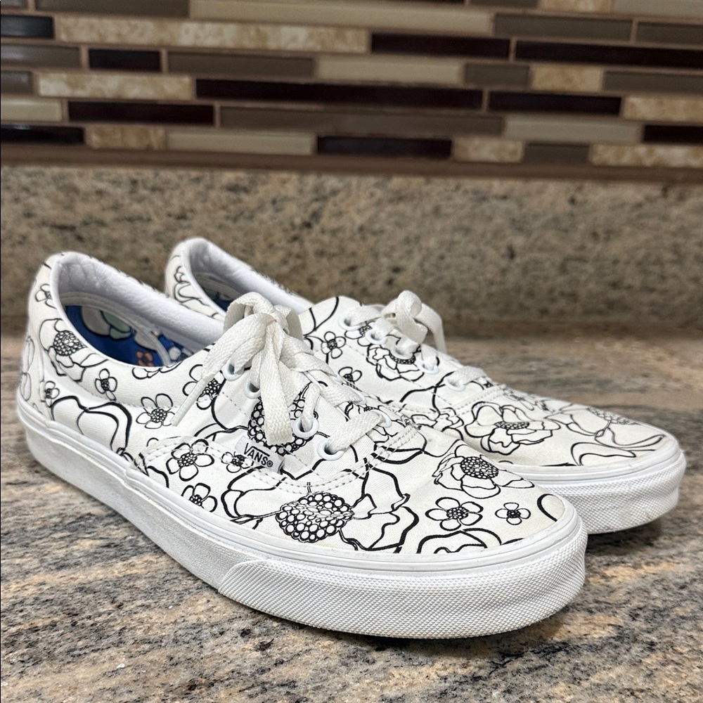 Vans White Canvas Sneakers with Black Floral Design
